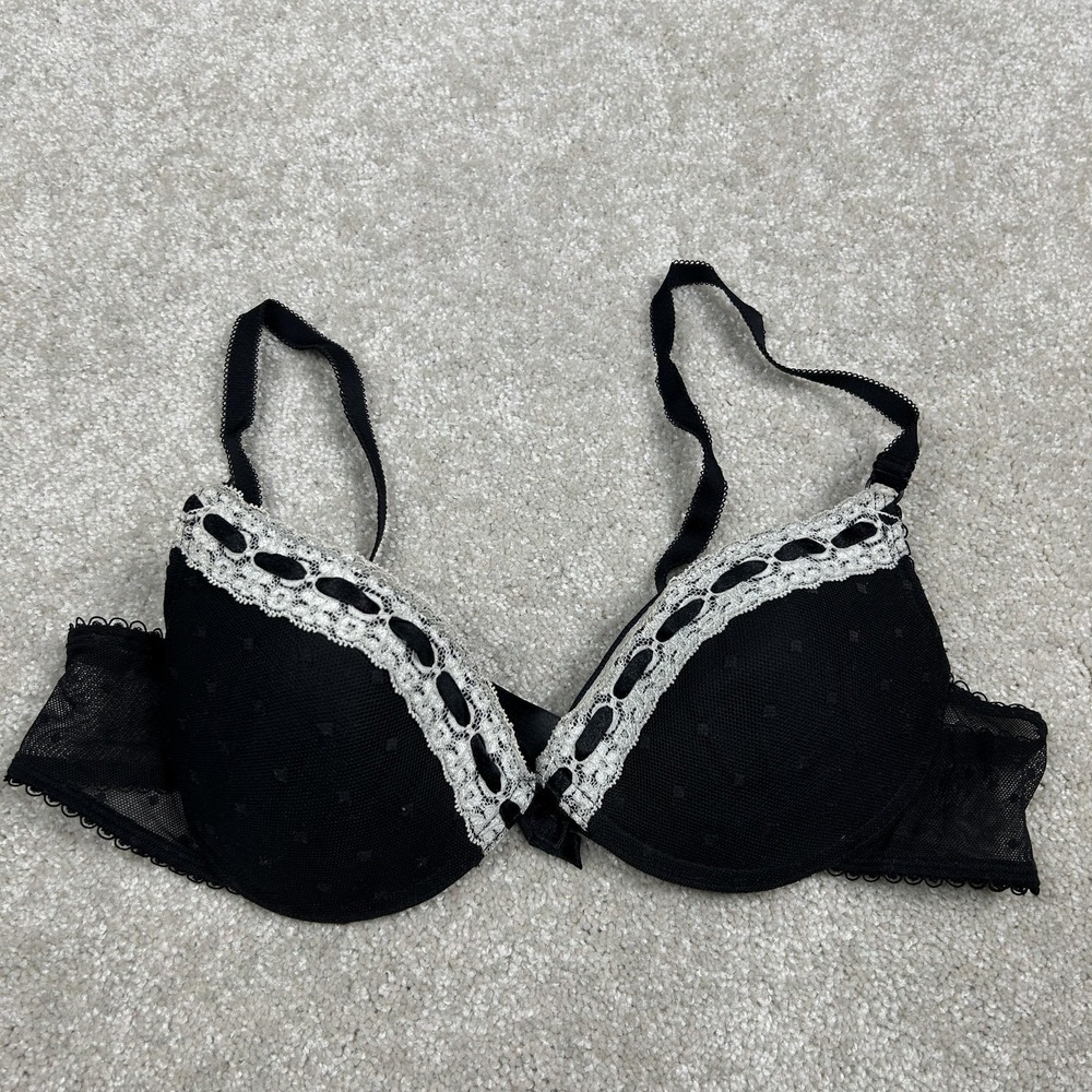 Polka Dot Push Up Bra Womens 34B Black Lace Underwire Padded Mesh Lined